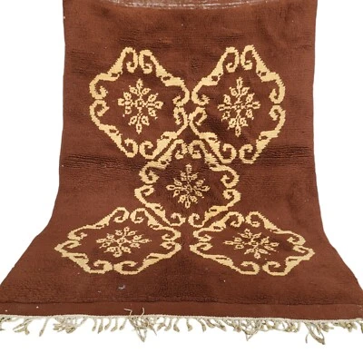 Vintage Handmade Berber Moroccan Rug Wool Floral Design Rich Brown Fringe Carpet - Image 1 of 4