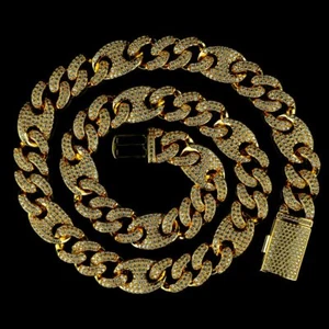 Juego de clavijas de diamantes de laboratorio helado enchapadas en oro de 18 quilates cadena de eslabón cubano de 14 mm mariner - Imagen 1 de 5