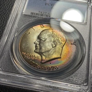 1976 S Eisenhower Ike Silver Dollar RAINBOW TONED PCGS MS64 BU Unc COLOR S$1 - Picture 1 of 5