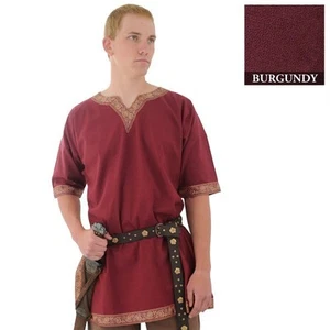 TÚNICA CAMISA MEDIEVAL VIKINGA NORSEMAN SAJONA Para Hombre Mangas Cortas Borgoña ALGODÓN Nueva - Imagen 1 de 1