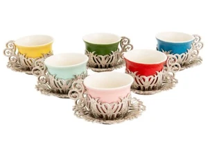 Luxury Porcelain Tea & Coffee Cup Saucer Set – Multicolour with Silver Detailing - Picture 1 of 2
