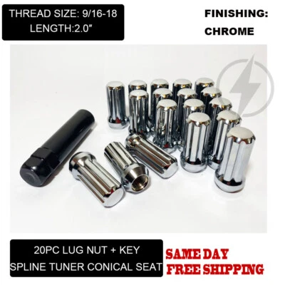 Fit Dodge RAM 1500 Dakota Durango Spline Lug Nuts Cone Seat 2” 9/16-18 Chrome 20 - Image 1 of 4
