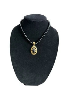 1928 Jewelry Black Faux Pearl Strand Oval Stone Drop Pendant - Picture 1 of 7