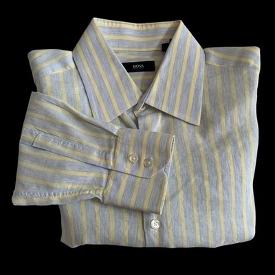 Hugo Boss Men's Sz 42 16.5 (XL) Long Sleeve Striped Button Up Linen Blend Shirt - Image 1 of 4