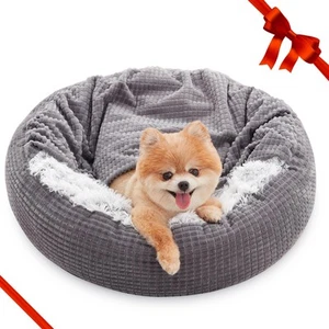 Small Dog Bed with Blanket Attached, Round Calming Hooded Cozy Cave Dog Beds ... - Picture 1 of 9