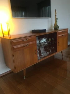 Mid Century Retro teak Sideboard Buffet mirror cabinet With Glass Sliding Doors - Picture 1 of 4