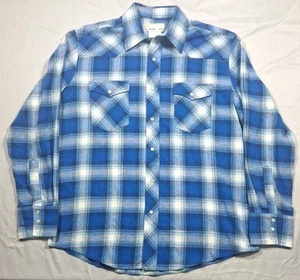 Vintage Wrangler Wrancher Long Sleeve Flannel Shirt Large Blue Plaid Pearl Snap  - Picture 1 of 8