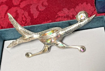 Plata de ley 925 Mex. vintage Broche Taxco Plata con ACD Abulón Roadrunner Foto 1 de 4