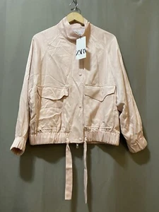 NWT ZARA Women Collared Elastic Cuff/Hem Full Zip Sateen Bomber Jacket SZ S Pink - Picture 1 of 16