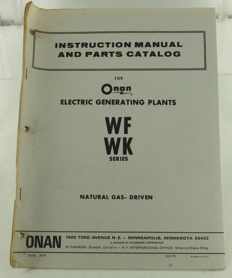 Vintage ONAN WF WK Series Generator Instruction Manual & Parts Catalog - Image 1 of 1