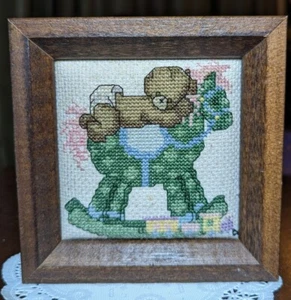 Vtg 1987 Framed Finished Cross Stitch Baby Bear On Rocking Horse 5" - Picture 1 of 6