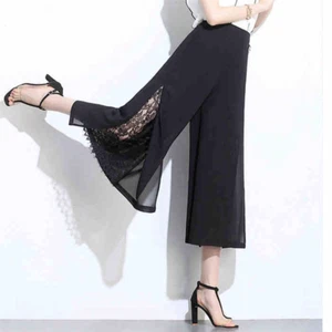 Lady Chiffon Cropped Trousers Lace Stitching Pants High Waist Slit Summer Pants - Picture 1 of 9