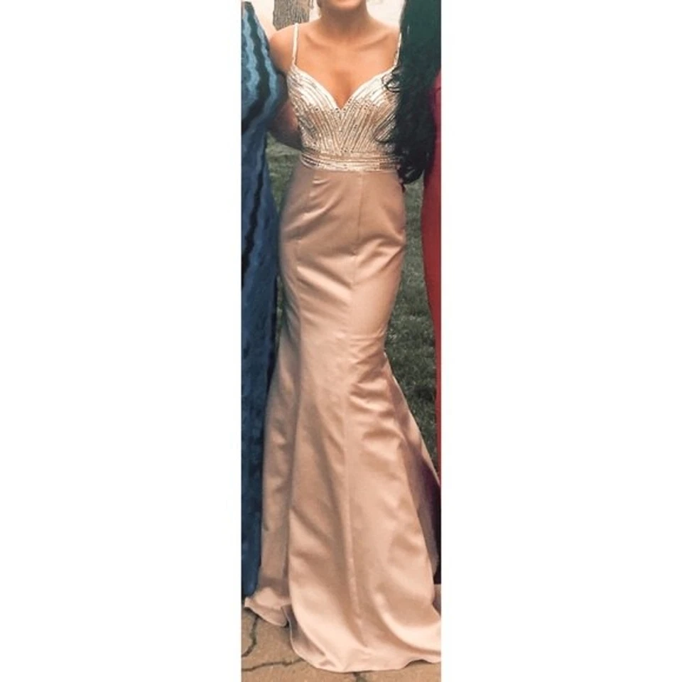 La Femme Champagne Stretch Satin Prom Dress Gown with Crystal Embellishments - Изображение 1 из 4