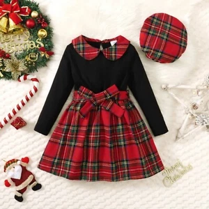 Toddler Girl Splicing Plaid Long Sleeve Dress With Bow Belt Kids Party Christmas - Picture 1 of 7