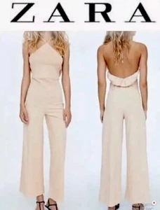 Zara Jumpsuit Halter Medium Open Back Wide Leg Ruffled Elastic Back Ivory Party - Picture 1 of 8
