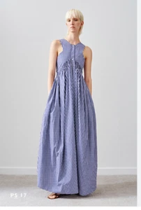 Teija Eilola Maxikleid blau Gingham 100% Baumwolle 12 Neckholder Knopf - Bild 1 von 17