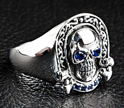 ANILLO BALANCÍN PLATA ESTERLINA 925 CALAVERA JINETE DISEÑADOR OJO ZAFIRO AZUL PARA HOMBRE NUEVO Foto 1 de 4