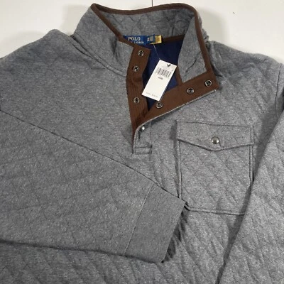 全新 Polo Ralph Lauren 男式绗缝针织球衣 套衫 4XB Snap Button 灰色 全新带标签 — 第 1/4 张图片