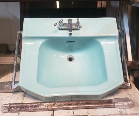 Vintage Blue Porcelain Sink with Double Side Towel Bars Faucet Set & Chrome Legs Cover