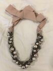 Vintage Pink Ribbon Tied Faux Pearl Cluster Statement Silver Tone Necklace
