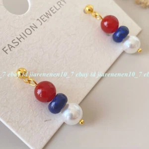 Natural 8mm Red Jade, 5x8mm Lapis Lazuli, White Shell Pearl Gems Stud Earrings - Picture 1 of 6