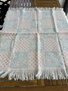 Nod Togs Baby Blanket Pink Blue Fringe Acrylic Dog Cat Floral Cow Moon Vtg 60 70 - Picture 1 of 8