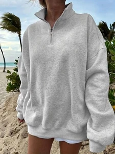 Women's Oversized Half Zip Sweatshirt - Solid Color Fleece Pullover for Workout - Picture 1 of 5