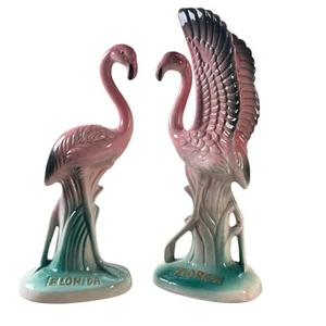 Vintage Pair Of MCM Art Deco Style Pink Flamingos Florida Statue 8.5" Open Wings - Picture 1 of 19