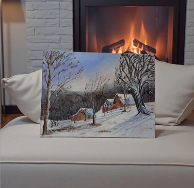 Example:“Original Winter Landscape Painting on Canvas Red Barns Snow Scene 18x24 - Image 1 of 4