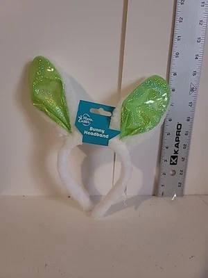 Diadema de conejito blanco peludo feliz Pascua metálica. Verde Foto 1 de 2