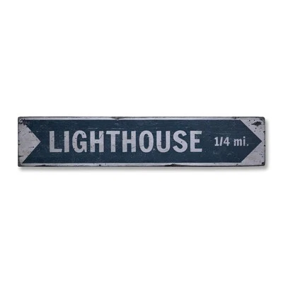 Lighthouse Arrow Mileage, Custom Place - Rustic Distressed Wood Sign - Image 1 of 2