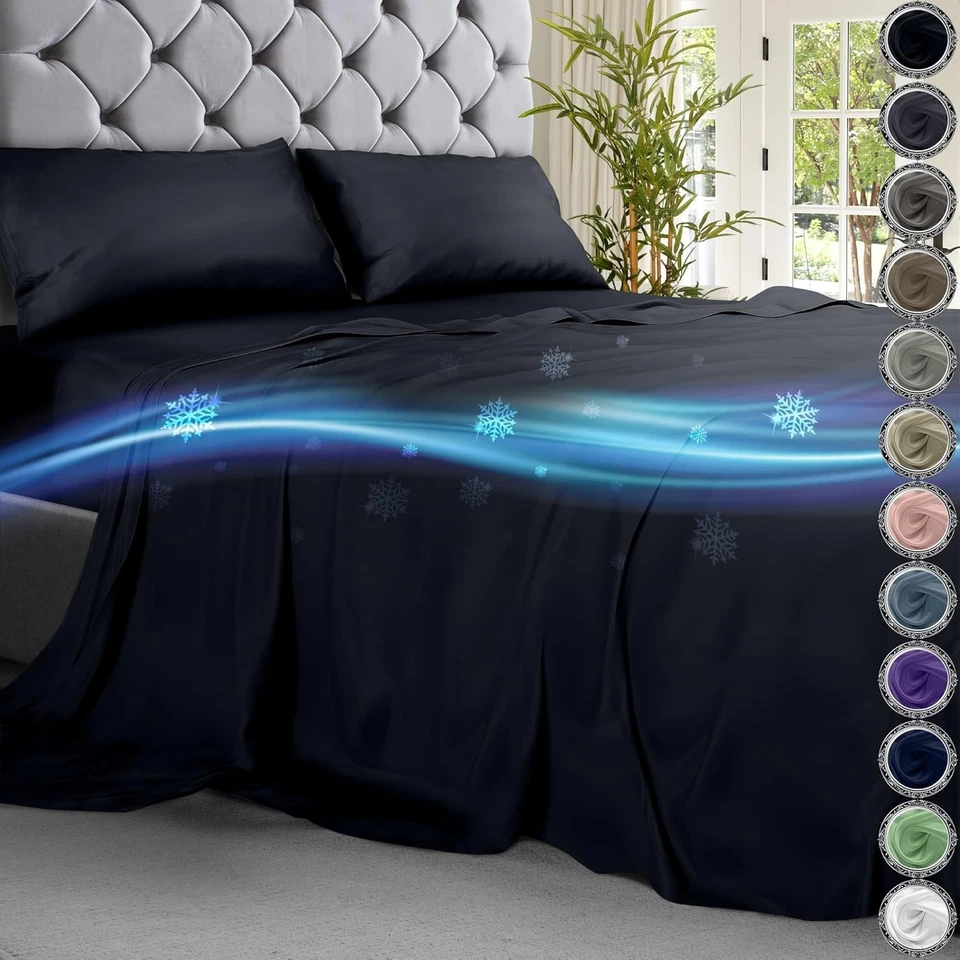 Sábanas de viscosa de bambú King Cooling 4 piezas ropa de cama ultra suave con bolsillos profundos de 18" Foto 1 de 4