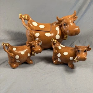 Vtg Twin Winton Spotted Jersey Brown Cow Ceramic Cookie Jar + Salt&Pepper Set - Picture 1 of 14