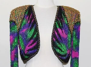 Giacca bolero vintage Jasdee lavoro a mano perline e paillettes e stampa a mano su seta #3049. - Foto 1 di 3