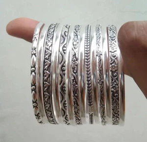 14 Set Of Silver Bangles Solid 925 Silver Handmade Stackable Women Bangle - Picture 1 of 4