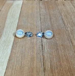Large Faux Pearl Dangle Drop Rectangle Rhinestone Clip On Earrings Silvertone - Picture 1 of 2