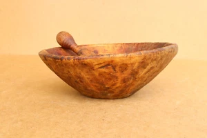 Vintage Mortar Wood Bowl Antique Early Primitive Pounder Plate Rural Dish 1900s - Picture 1 of 8