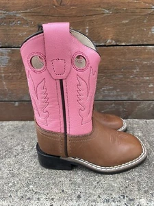 Girls Size 4.0-D Toddler Old West Pink Leather Square Toe Cowboy Boots - Picture 1 of 5