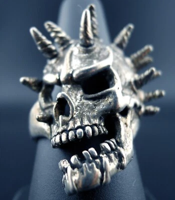 Skull Ring Vintage Biker MC / Heavy Metal Gothic NEW Made In USA Spiked Horned - Image 1 of 4