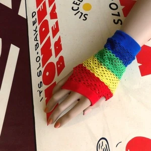 80s Rainbow Stripes Diamond Net / Fishnet Fingerless Gloves / Arm Warmer - Picture 1 of 4