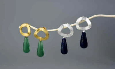 D15 Orecchini Aventurin Verde Lapislazzuli Blu 925 Argento Sterling Placcato Oro - Immagine 1 di 3