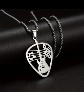Halskette Gitarre Musiknoten Noten Plektrum Musik Rock Punk Edelstahl Anhänger - Bild 1 von 5