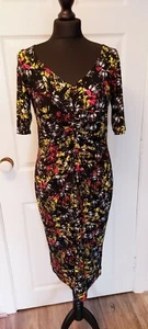 M&S Collection size 12 ruched dress in black with orange and yellow pattern - Picture 1 of 8