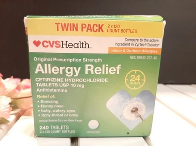 CVS Health ALIVIO DE ALERGIAS Cetirizina Tabletas 10 mg 240 COMPRIMIDOS!! 6/2026 Foto 1 de 4