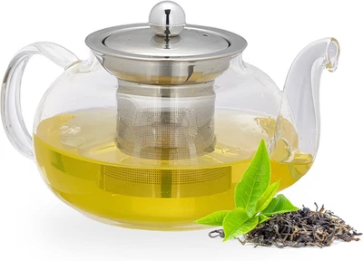 Teiera Con Filtro, in Vetro Borosilicato E Acciaio Inox, 600 Ml, Colino a Maglia - Immagine 1 di 4