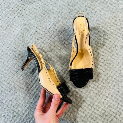 KATE SPADE y2k black/white bow slingback leather cutout pumps two tone patent 90 - Image 1 of 4