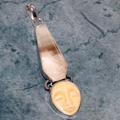 Zebra Calcite Carved Face White Agate 925 Silver Plated Pendant 2.9" GW - Image 1 of 3