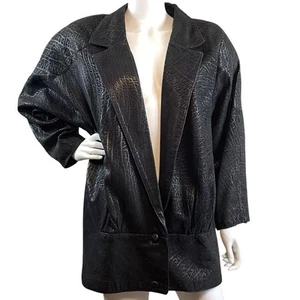 Chaqueta Abrigo De Colección EREZ Años 80 Cuero Genuino Estampado Animal Grande Negra Talla Pequeña - Imagen 1 de 7