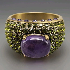 Heidi Daus Cluster Ring Green Purple Cabochon Rhinestone Brass Women's Sz 11.75 - Picture 1 of 11