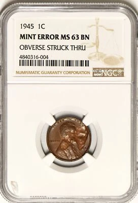 1945 Lincoln Wheat Cent Obverse Struck Thru Mint Error NGC MS-63 - Image 1 of 4